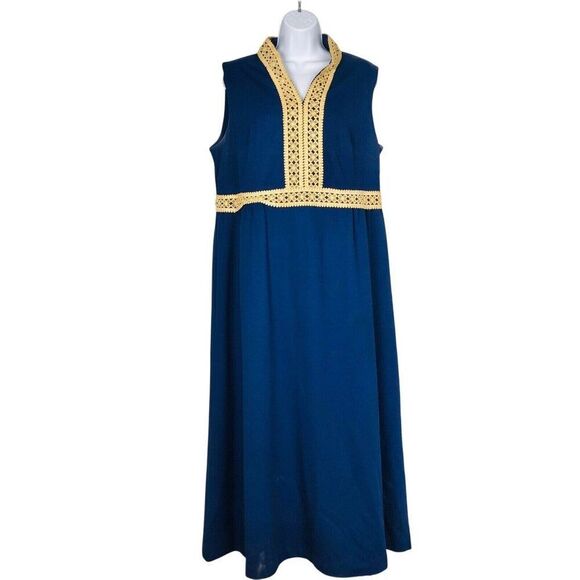 Vintage 60s Elara Knits Hostess Dress Sleeveless Maxi Size XL Blue Lace - Picture 1 of 12